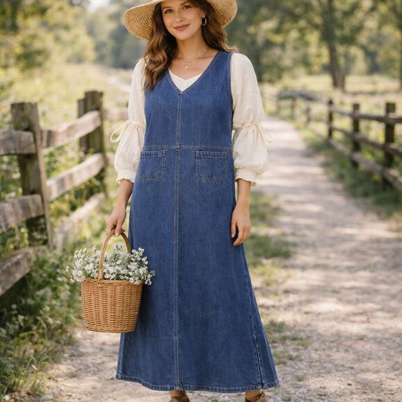 Erika & Co Dresses & Skirts - Erika & Co VTG SZ S 100% Cotton V Neck Denim Maxi Tank Dress With Front Pockets